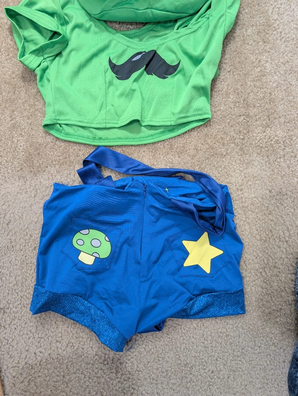 Halloween Costume Gamer Sidekick Costume Green Crop Top, Blue Shorts & Green Hat